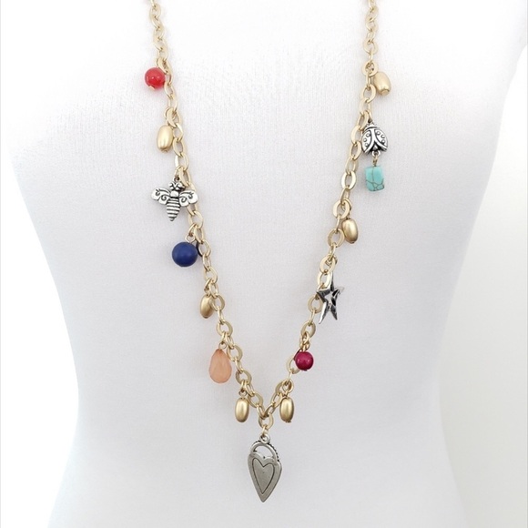 Gold Tone Chico's Layer Necklace Charm Pendants Heart Bee Ladybug‎ - Picture 3 of 4